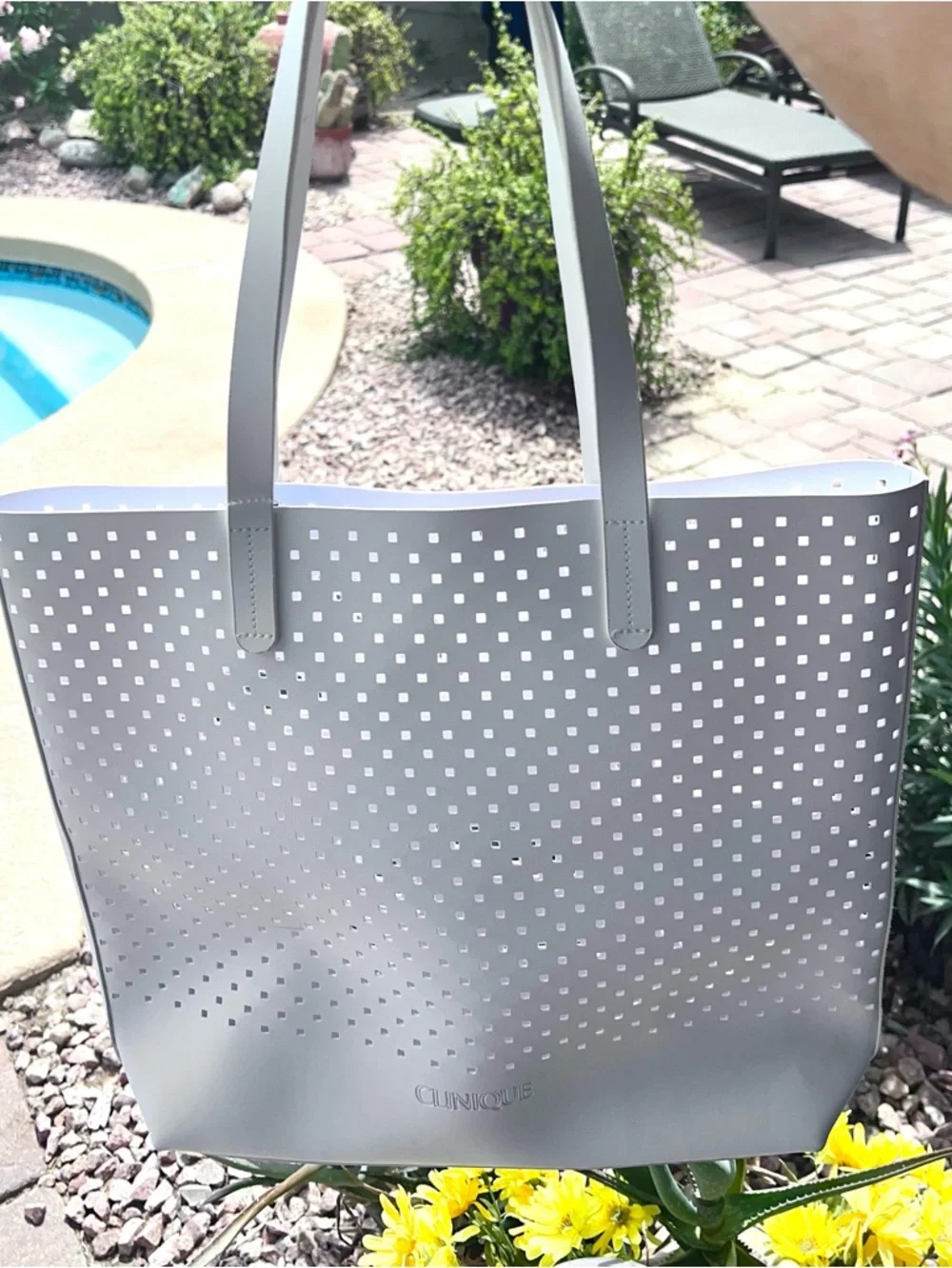 CLINIQUE White Perforated Tote Bag Great Beach or Pool Tote